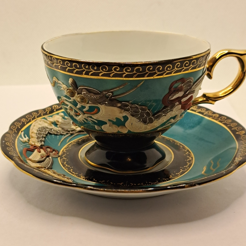 CASTLE Japan Dragonware Tea Cup and Saucer Bone China in blue and Vintage .